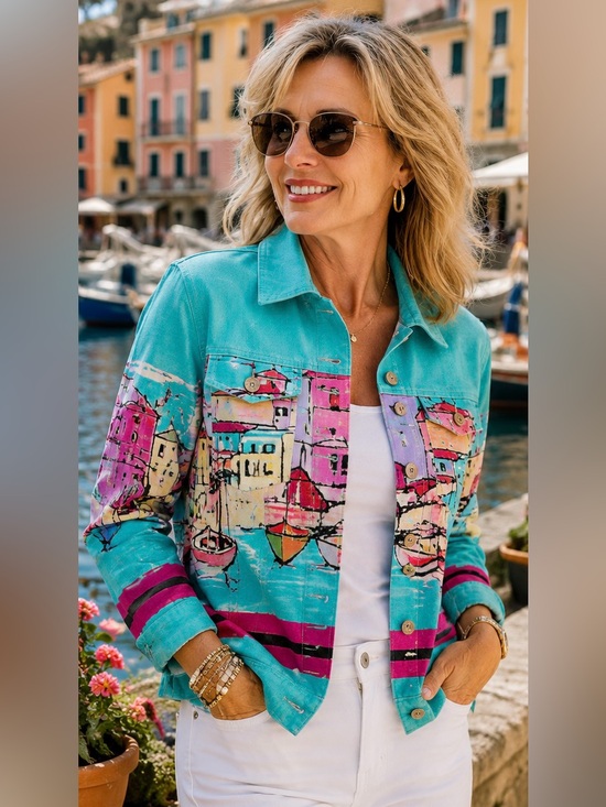 Jane Ashley Jackets & Blazers - Jane Ashley Teal Green Mediterranean Harbor Print Jacket L